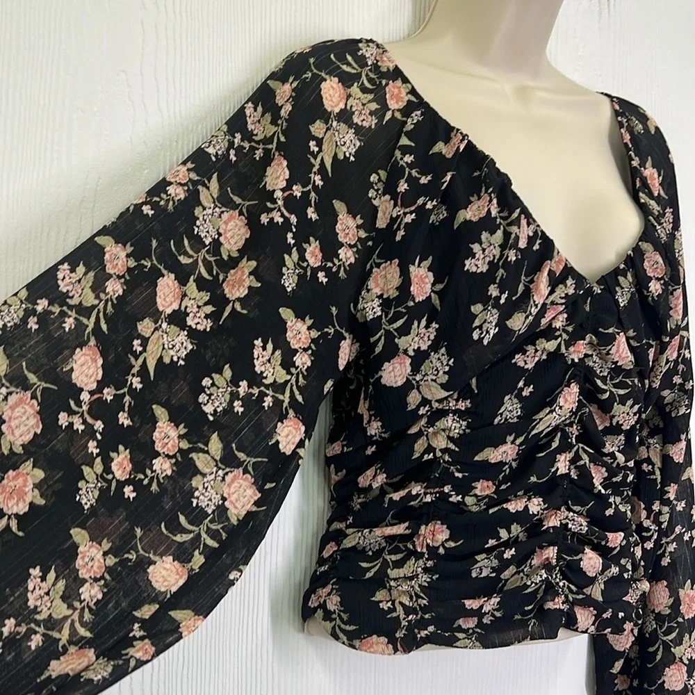 Free People - Final Rose Black Ruched Smocked Long Sleeve Blouse Size Small